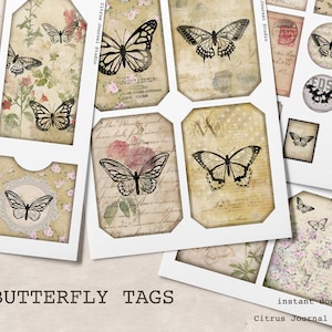 Butterfly Journal, Pocket Tag, Junk Journal Kit, Butterfly Kit, Ephemera, Collage Sheet, Vintage Butterfly, Vintage Scrapbook, Junk Journal