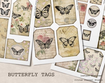 Diario de mariposas, etiqueta de bolsillo, kit de diario basura, kit de mariposas, efímera, hoja de collage, mariposa vintage, álbum de recortes vintage, diario basura