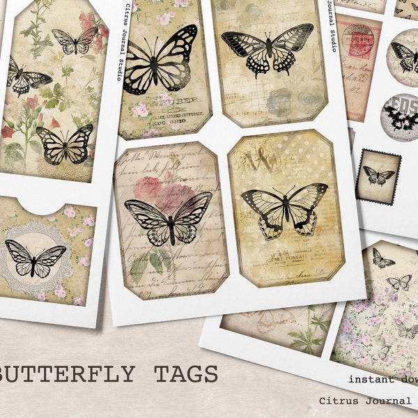 Butterfly Journal, Pocket Tag, Junk Journal Kit, Butterfly Kit, Ephemera, Collage Sheet, Vintage Butterfly, Vintage Scrapbook, Junk Journal