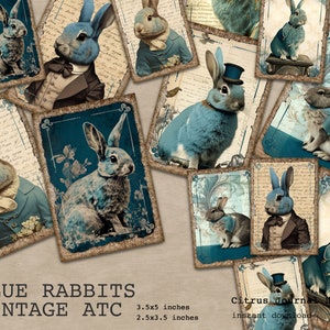Rabbit ATC, Junk Journaling, Ephemera, Bunny, Digital Junk Journal, ATC, Printable Ephemera, French Rabbit, Blue Tags, Spring, Vintage ATC,