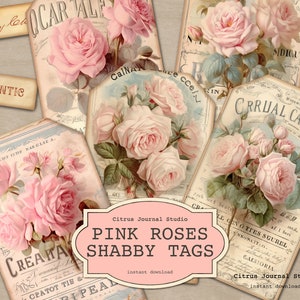 Etichette rose rosa, etichette shabby chic, etichette per San Valentino, etichette per diario spazzatura, etichette vintage, etichette floreali, etichette digitali, rose vintage, etichette d'amore