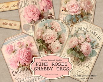 Pink Roses Tags, Shabby Chic Tags, Valentines Day Tags, Junk Journal Tags, Vintage Tags, Floral Tags, Digital Tags, Vintage Roses, Love Tags