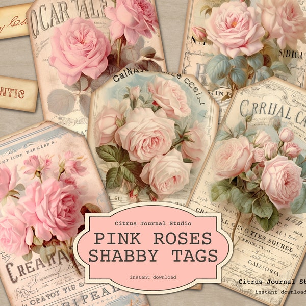 Étiquettes roses roses, étiquettes Shabby Chic, étiquettes de la Saint-Valentin, étiquettes de journal indésirable, étiquettes vintage, étiquettes florales, étiquettes numériques, roses vintage, étiquettes d'amour