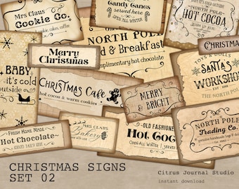 Christmas Signs, Digital Kit, Christmas Ephemera, Vintage Christmas Christmas Tags Junk Journal Farmhouse Christmas Embellishments, Ephemera