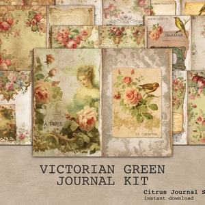 Green Journal, Shabby Chic, Victorian Junk Journal, Journal vintage, Birds, Roses Junk Journal, Junk Journaling, Journal Tags, Kit numérique