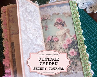 Vintage Garden Skinny Junk Journal, Rose vintage, Diario vittoriano, Diario di pizzo Junk, Documenti contabili vintage, Diario floreale, Spartiti musicali