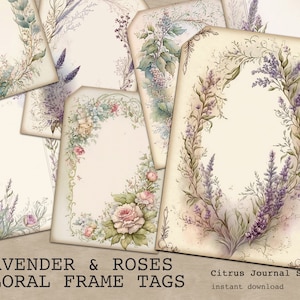 Etiquetas de lavanda, rosas Shabby Chic, etiquetas de diario basura, efímero vintage, etiquetas digitales, marcos florales, flores lilas, etiquetas florales, etiquetas vintage