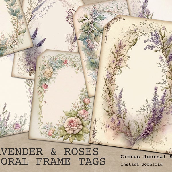 Lavender Tags, Shabby Chic Roses, Junk Journal Tags, Vintage Ephemera, Digital Tags, Floral Frames, Lilac Flowers, Floral Tags, Vintage Tags