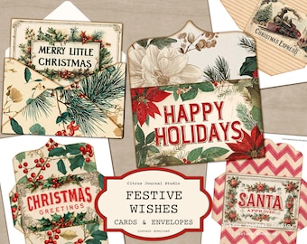 Christmas Cards & Envelopes, Vintage Happy Holidays Wishes, Winter Junk Journal Insert