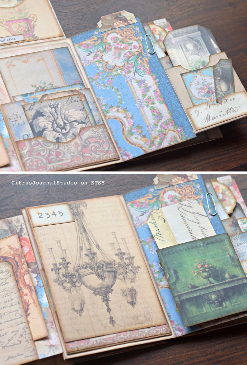 May include: A vintage-style scrapbook with decorative paper, embellishments, and handwritten notes. The scrapbook is open to reveal a page with a drawing of a chandelier and the number 2345.