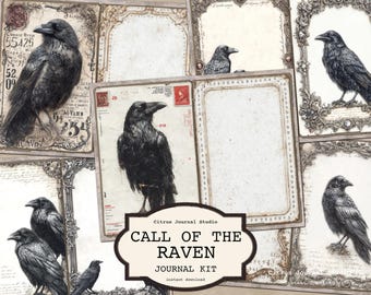 May include: A collection of vintage journal pages with raven illustrations. The pages have a distressed, aged look with decorative frames and handwritten details. The text "CALL OF THE RAVEN JOURNAL KIT" is visible, suggesting a downloadable kit.