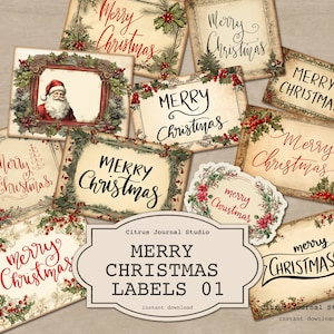 Frohe Weihnachten Etiketten, Vintage Weihnachten, Urlaub Etiketten, Bauernhaus Weihnachten, Urlaub Etiketten, Santa Etiketten, Weihnachtsgeschenkanhänger, rotes Etikett