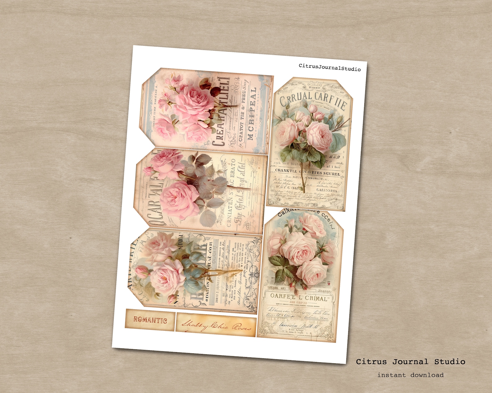 Pink Roses Tags, Shabby Chic Tags, Valentines Day Tags, Junk Journal ...