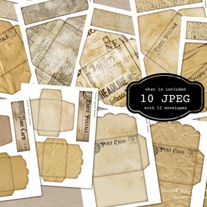 May include: A set of 10 digital printable vintage style envelopes and postcards. The images are in a distressed, aged style with the text "Carte Postale" and "Post Card" on the envelopes. The text "What is included 10 JPEG with 12 envelopes" is in a white circle on a black background.