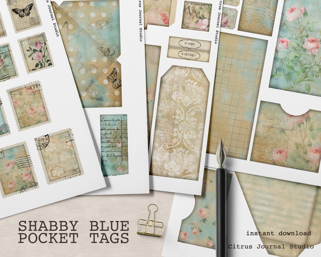 Shabby Chic Blue Junk Journal Pocket Tags, Vintage Rose Ephemera - Etsy