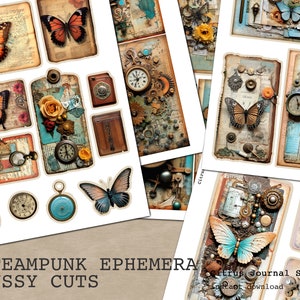 Steampunk Ephemera, Junk Journal Ephemera, Journal Insert, Butterfly Ephemera, Digital Kit, Vintage Fussy Cuts, Clocks, Steampunk Printable