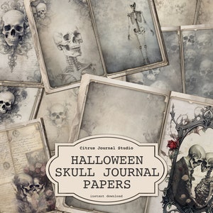Halloween Skull Junk Journal, Grunge Journal Papers, Damask, Spooky Skeleton, Junk Journaling, Vintage Halloween, Skull Roses, Digital Kit