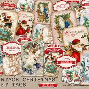 Christmas Gift Tags, Junk Journal Tags, Christmas Ephemera, Christmas Tags, Santa Tags, Vintage Christmas, Vintage Santa Claus, Journal Tags
