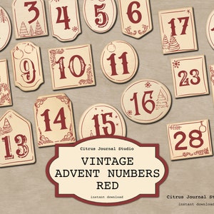 Adventskalender, Vintage Christmas Junk Journal, Vakantienummers, Kerstkalender, Vintage Ephemera, December Daily, Countdown Red Labels