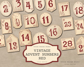 May include: Vintage red numbered Christmas advent calendar tags with a rustic design. The numbers 1 through 28 are displayed on individual tags with a Christmas tree and snowflake design.