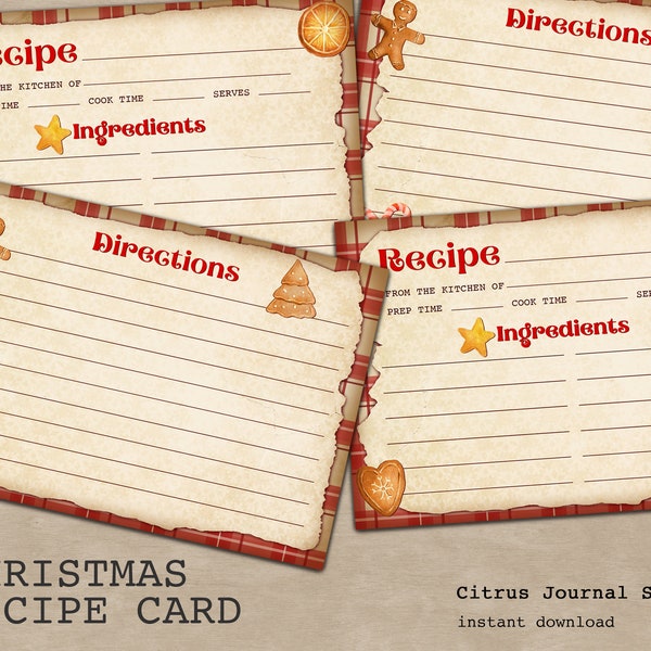 Christmas Recipe Card, Digital Kit, Christmas Card, Vintage Christmas, Digital Recipe Card, Recipe Card Template, Food Card, Recipe Template