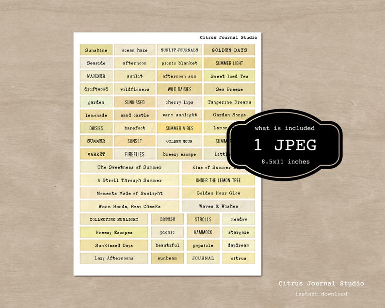 May include: A digital download from Citrus Journal Studio featuring a sheet of journal labels with summer-themed words like "Sunshine" and "Wild Daisies." The image includes a black label that says "what is included 1 JPEG 8.5x11 inches."
