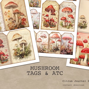 Mushroom Tags, Junk Journal Kit, Autumn Ephemera, ATC, Mushroom Journal, Digital Tags, Vintage Tags, Fall, Embellishments, Junk Journaling