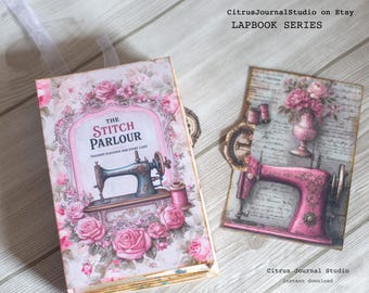 May include: A vintage-style lapbook with a floral design and the text "The Stitch Parlour." The cover features a sewing machine illustration and roses. A second card shows a pink sewing machine and a vase of flowers.
