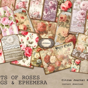 Junk Journal Kit, Journal Tags, Ephemera, Digital Kit, Floral Tags, Vintage Roses, Rose Tags, Digital Tags, Printable Tags, Floral Ephemera