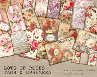 Junk Journal Kit, Journal Tags, Ephemera, Digital Kit, Floral Tags, Vintage Roses, Rose Tags, Digital Tags, Printable Tags, Floral Ephemera