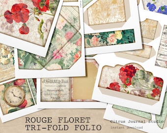 Folio Journal, Junk Journal, Collage Sheet, Pocket Tags, Journal Tags, Ephemera, Embellishment, Trifold, Floral Journal, Journal Envelope