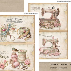 Puede incluir: Cuatro hojas de collage digital con ilustraciones de m&aacute;quinas de coser vintage con detalles florales y texto que dice "HABRIQUE DE SERRURERIE I.Klomdeur Tournier", "TAILOR-MADE sewing machine", "ECT SEWING MACHINE", "Faubs S'Denis et rue de Paradis PARIS", y "Citrus Journal Studio instant download".