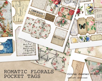 Pocket Tags, Junk Journal Kit, Ephemera, Journal Tag, Loaded Tags, Loaded Envelope, Vintage Roses, Floral Tags, Digital Kit, Journal Insert