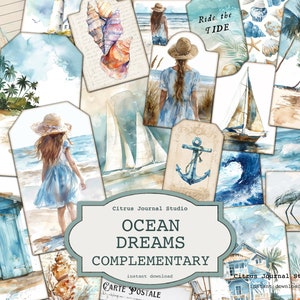 以下が含まれることがあります： 貝殻、帆船、灯台、ヤシの木、海の波のウォーターカラーイラストが描かれたデジタル印刷可能なスクラップブッキングペーパーのセットです。このペーパーは、スクラップブッキング、カード作り、その他のペーパークラフトに使用するために設計されています。デザインには、「Ocean Dreams」と「Complementary」のテキストが含まれています。