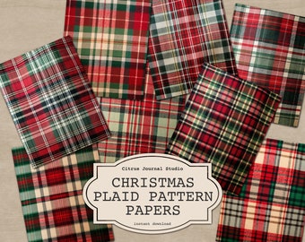 May include: A set of 8 digital papers featuring red, green, and white plaid patterns. The papers are perfect for creating festive Christmas crafts, cards, and other projects.  Citrus Journal Studio - Christmas Plaid Pattern Papers - Instant Download