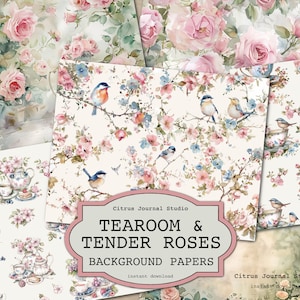 Tea Journal, Shabby Chic Journal, Roses Junk Journal, Floral Journal, Bird in a Teacup, Tea Time, Junk Journaling, Tea Party afdrukbaar