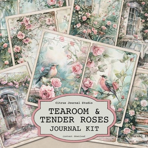 Diario del tè, Shabby Chic, Diario spazzatura con rose, Diario floreale, Uccello in una tazza da tè, L'ora del tè, Diario spazzatura, Etichette del diario, Tea Party, Busta
