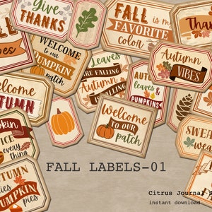 以下が含まれることがあります： 「Fall Vibes」、「Welcome Autumn」、「Give Thanks」などのフレーズが書かれた、ヴィンテージスタイルの秋をテーマにしたラベルのコレクション。カボチャ、葉、秋の色が特徴で、季節のクラフトや装飾に最適です。