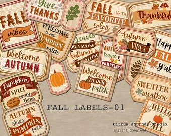 Fall Labels, Autumn Vibes, Thanksgiving Tags, Pumpkin Patch, Autumn Ephemera, Vintage Labels, Junk Journal, Pumpkin Spice, Hello Fall Sign
