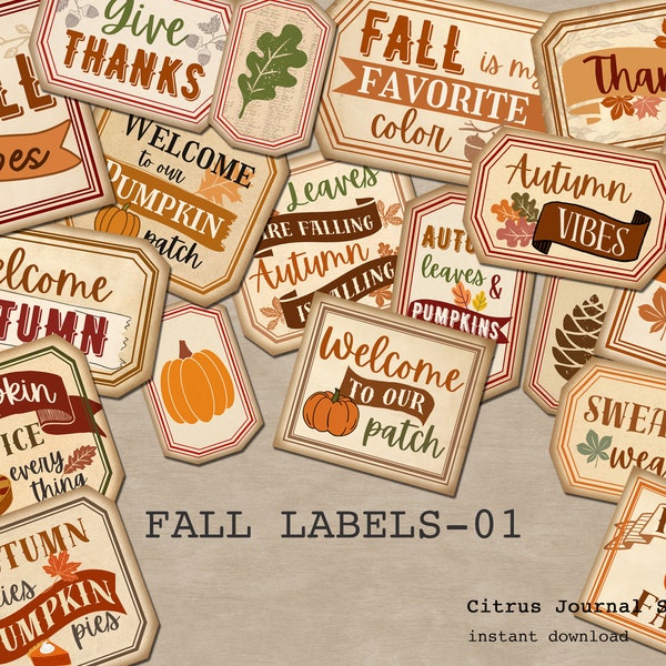 Fall Labels, Autumn Vibes, Thanksgiving Tags, Pumpkin Patch, Autumn Ephemera, Vintage Labels, Junk Journal, Pumpkin Spice, Hello Fall Sign