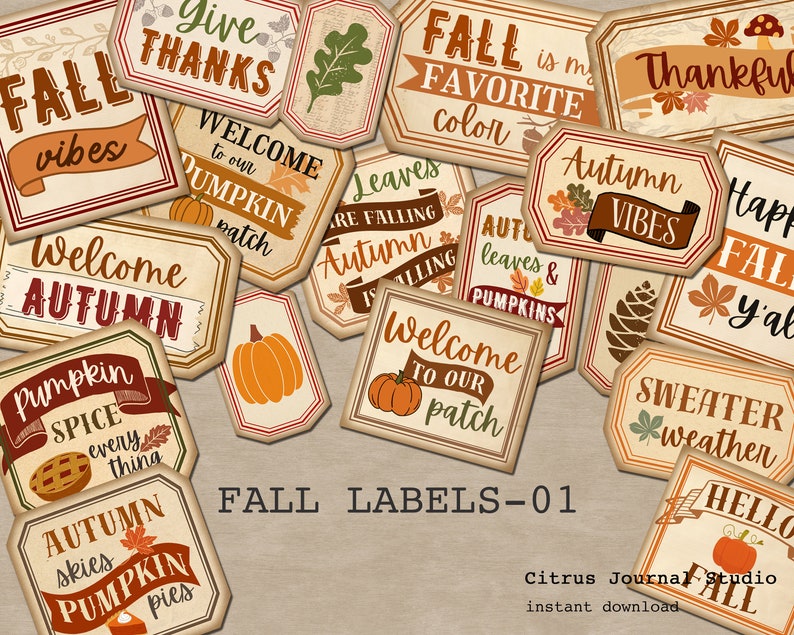 K&ouml;nnte beinhalten: Eine Sammlung von Etiketten im Vintage-Stil zum Thema Herbst mit S&auml;tzen wie "Fall Vibes", "Welcome Autumn" und "Give Thanks". Die Etiketten zeigen K&uuml;rbisse, Bl&auml;tter und Herbstfarben, perfekt f&uuml;r saisonales Basteln und Dekorationen.