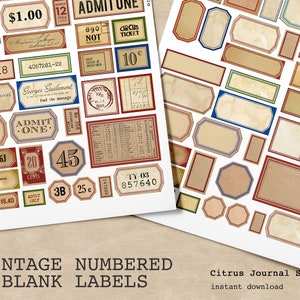 Kit de diário de sucata, etiquetas vintage, etiquetas em branco, itens vintage, enfeites, etiquetas grunge, etiqueta numérica para kit de diário digital, etiqueta vintage