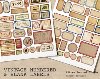 Vintage Numbered Blank Labels, Junk Journal Ephemera Embellishments (Digital Journal Kit)