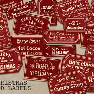 Christmas Labels, Christmas Ephemera, Vintage Christmas, Journal Words, Junk Journal, Christmas Tag, Red Labels, Holiday Labels, Mrs Claus