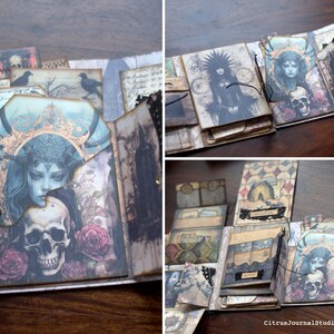 May include: A dark and mysterious handmade journal with a black and gold spine. The cover features a skull, roses, and a woman with a crown of thorns. The journal is open to reveal several pages with different designs and textures.