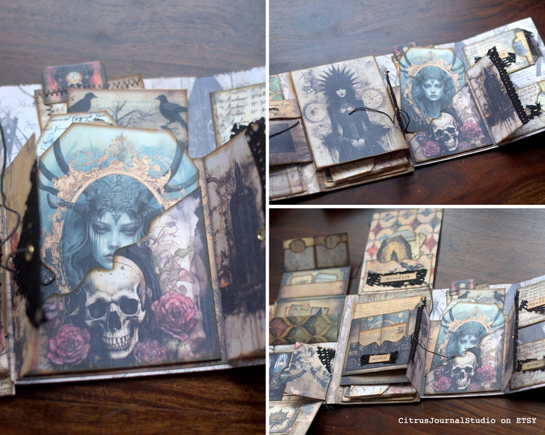 May include: A dark and mysterious handmade journal with a black and gold spine. The cover features a skull, roses, and a woman with a crown of thorns. The journal is open to reveal several pages with different designs and textures.