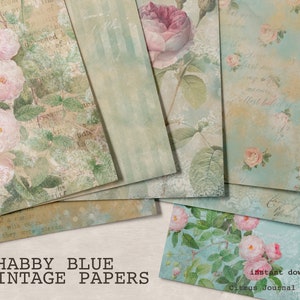 Shabby Blue, Junk Journal, Scrapbook Kit, Collage Bogen, Dekopapier, bedruckbares Papier, Vintage, Vintage Rosen, Shabby Rosen, Antik