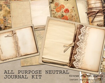 May include: A digital download kit of vintage-style journal pages in neutral colors. The kit includes pages with lines, blank pages, and pages with decorative patterns. The text "All Purpose Neutral Journal Kit" is at the bottom of the image. The text "Citrus Journal Studio" is at the bottom right of the image.