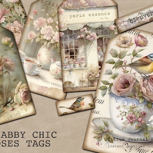 Etichette Shabby Chic, Junk Journal, Etichette per diario, Inserto per diario, Etichette con rose, Uccello vintage, Tazza da tè, Fiori rosa, Etichette digitali, Effimere francesi