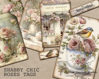 Shabby Chic Tags, Junk Journal, Journal Tags, Journal Insert, Rose Tags, Vintage Bird, Teacup, Blush Floral, Digital Tags, French Ephemera